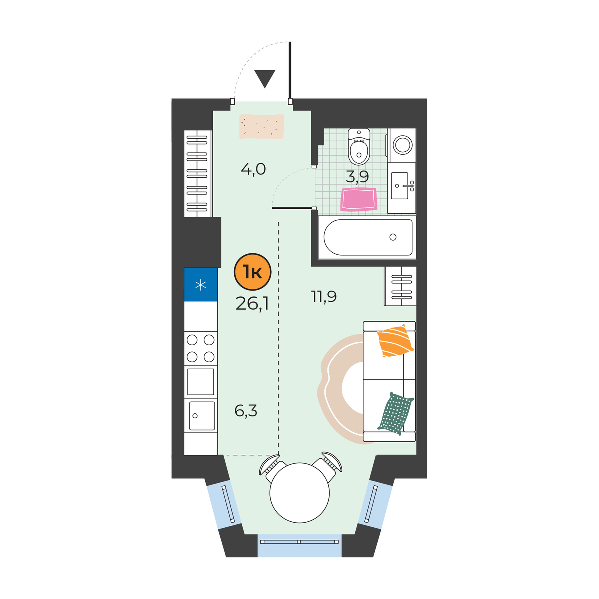 Планировка: Студия 26.1 м² в ЖК Корней, Южный