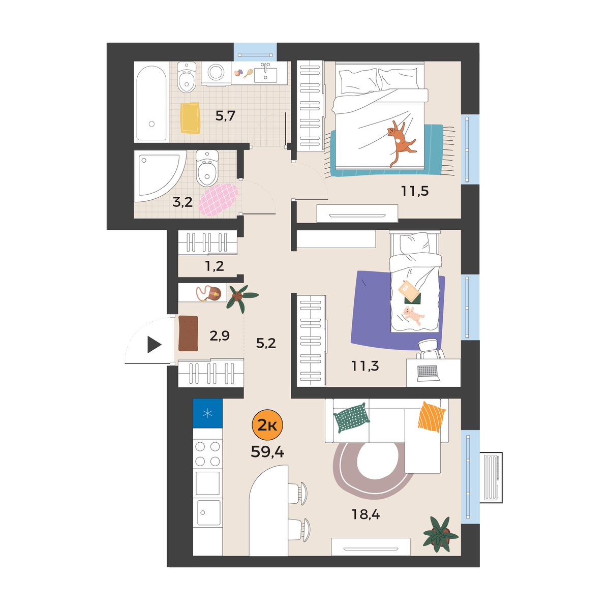 Планировка: Евротрешка 59.4 м² в ЖК Корней, Южный
