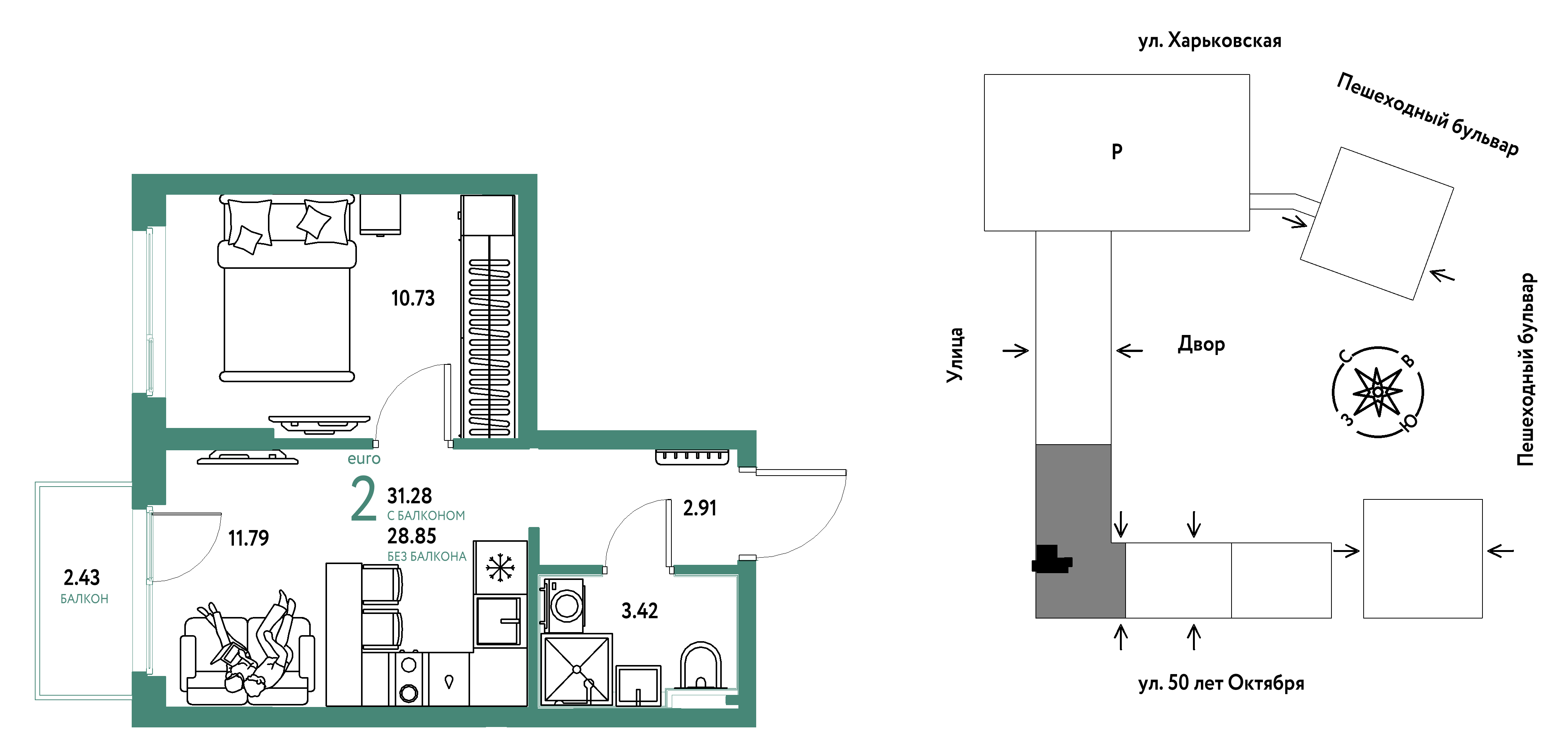 Планировка: 1-комнатная 31.3 м² в ЖК Сердце Сибири, Центр: КПД