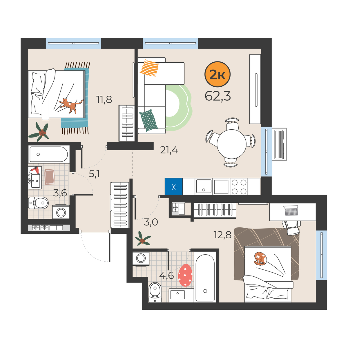 Планировка: Евротрешка 62.3 м² в ЖК Корней, Южный