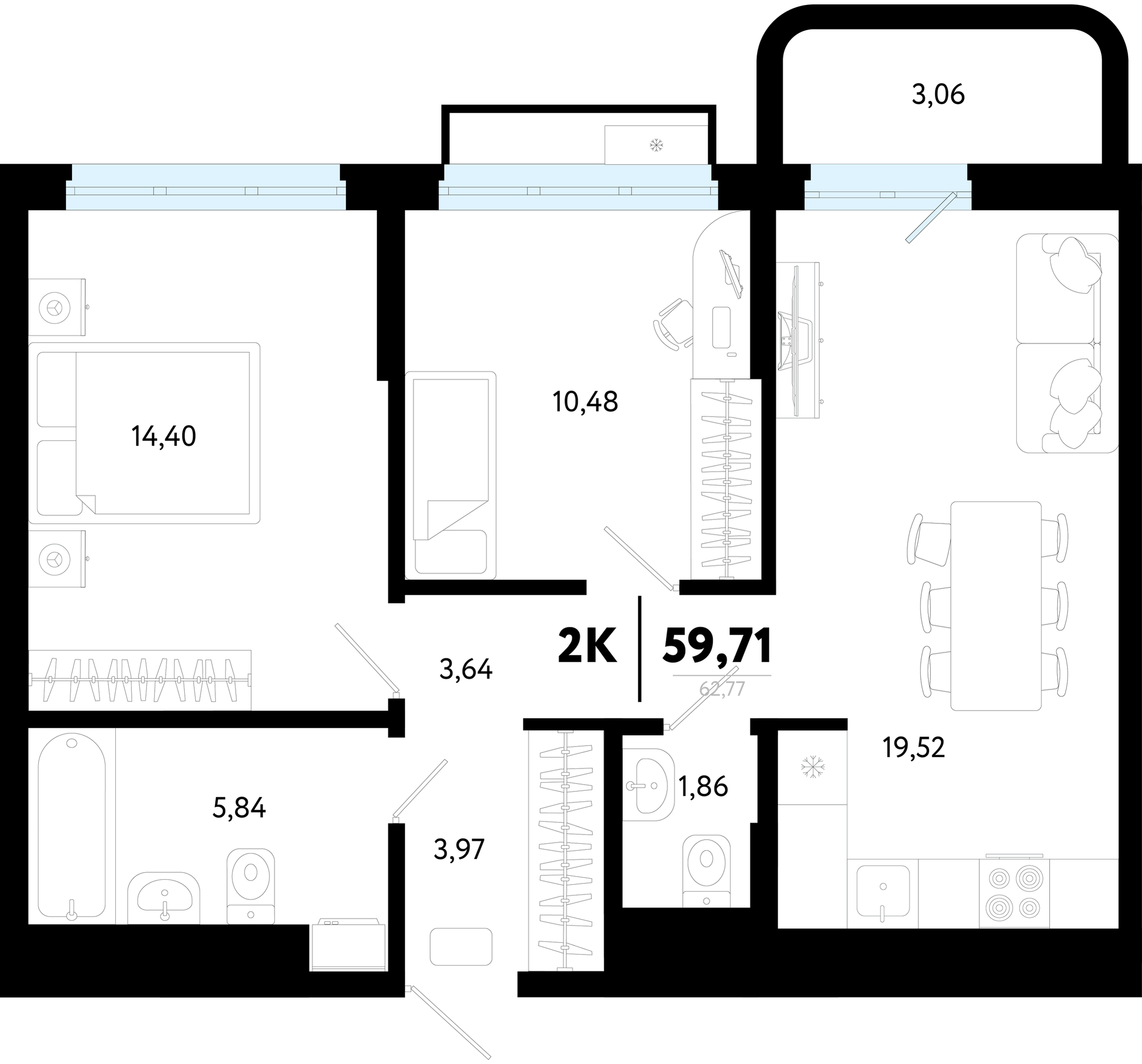 Планировка: Евротрешка 59.7 м² в ЖК Символ, Комарово Парк