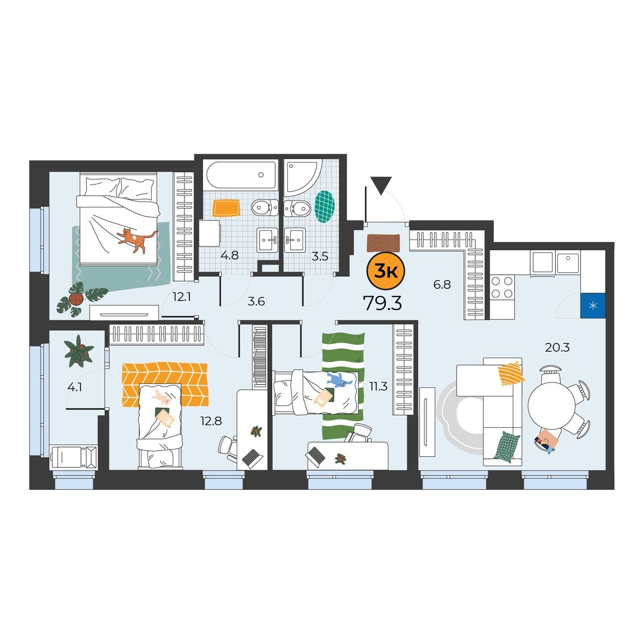 Планировка: 4-комнатная евро 79.3 м² в ЖК Корней, Южный