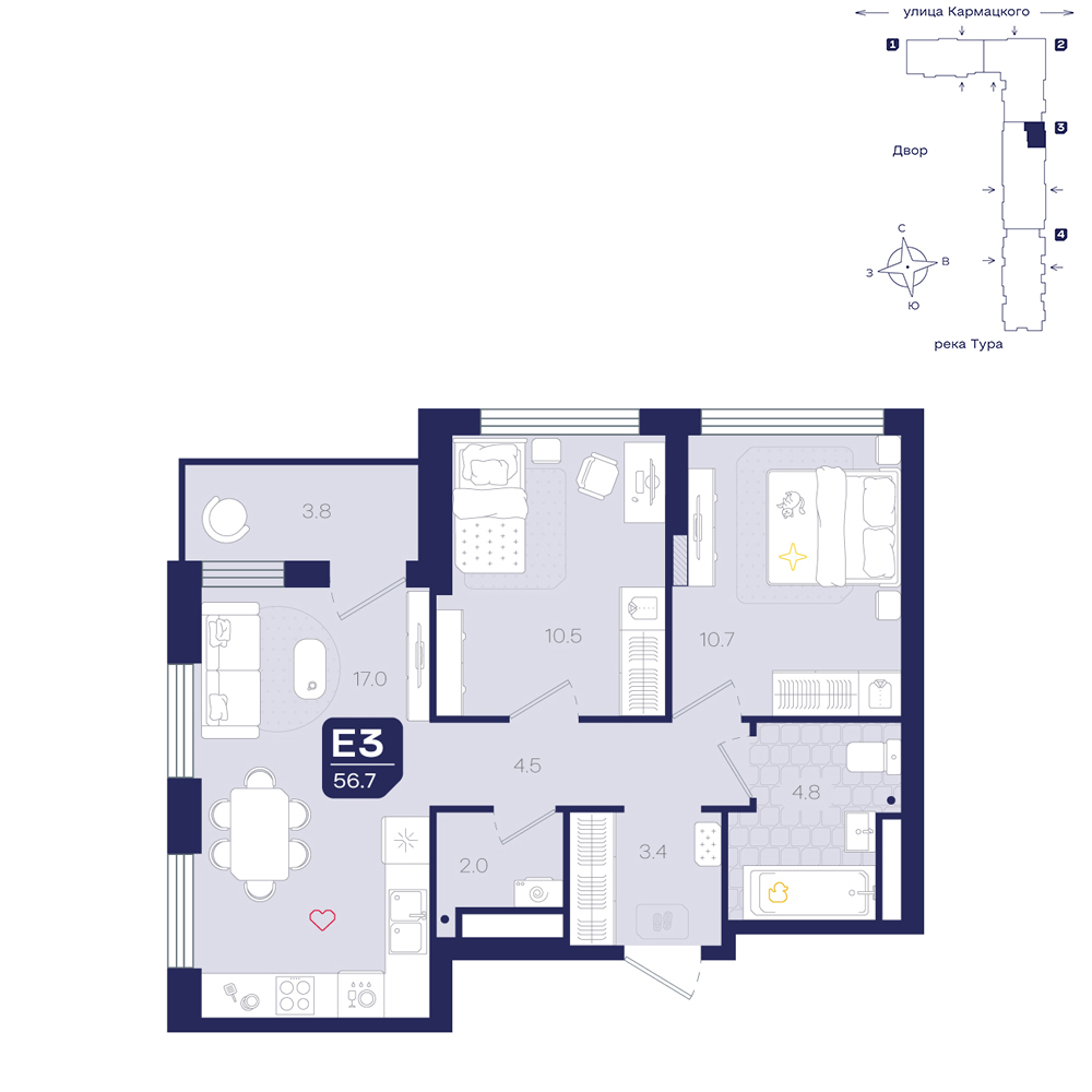 Планировка: Евротрешка 56.7 м² в ЖК Космо, 5-й Заречный