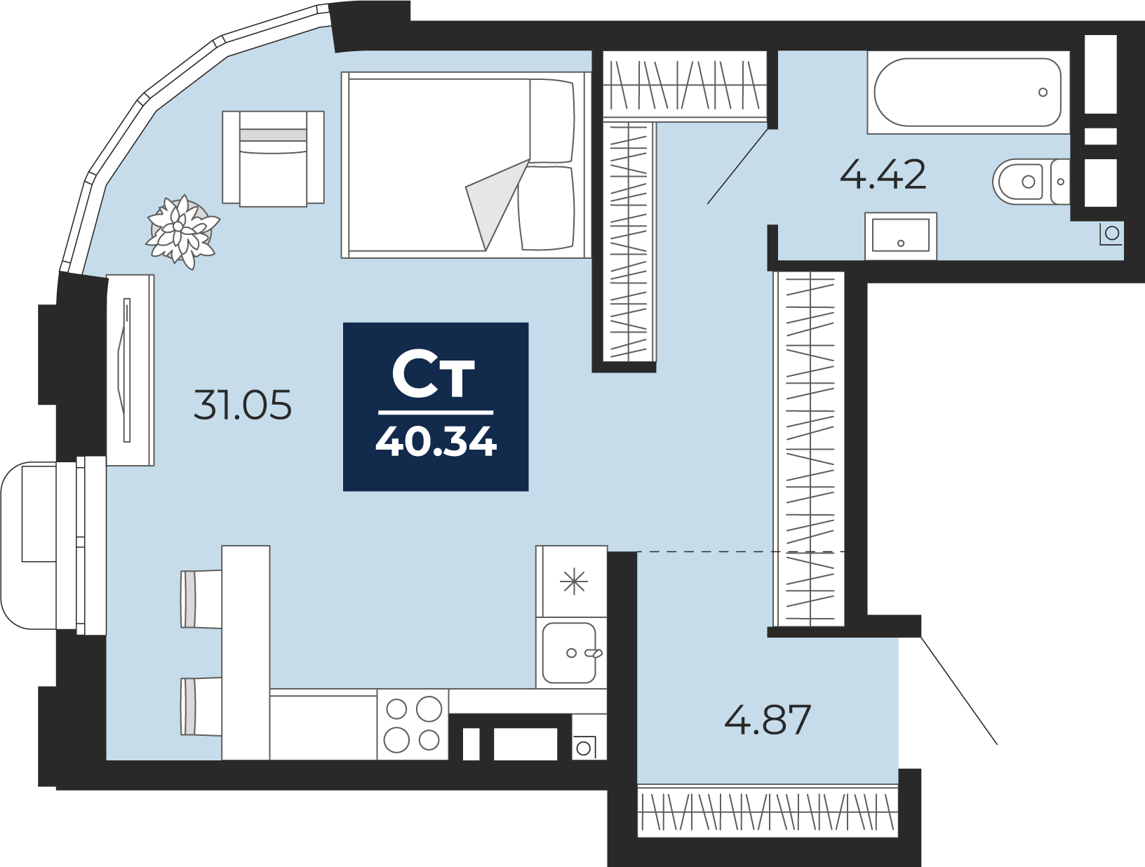 Планировка: Студия 40.3 м² в ЖК Айвазовский, 5-й Заречный