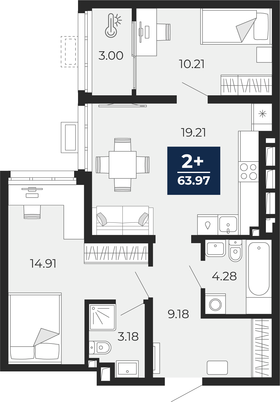 Планировка: Евротрешка 64 м² в ЖК Беринг, Лесобаза