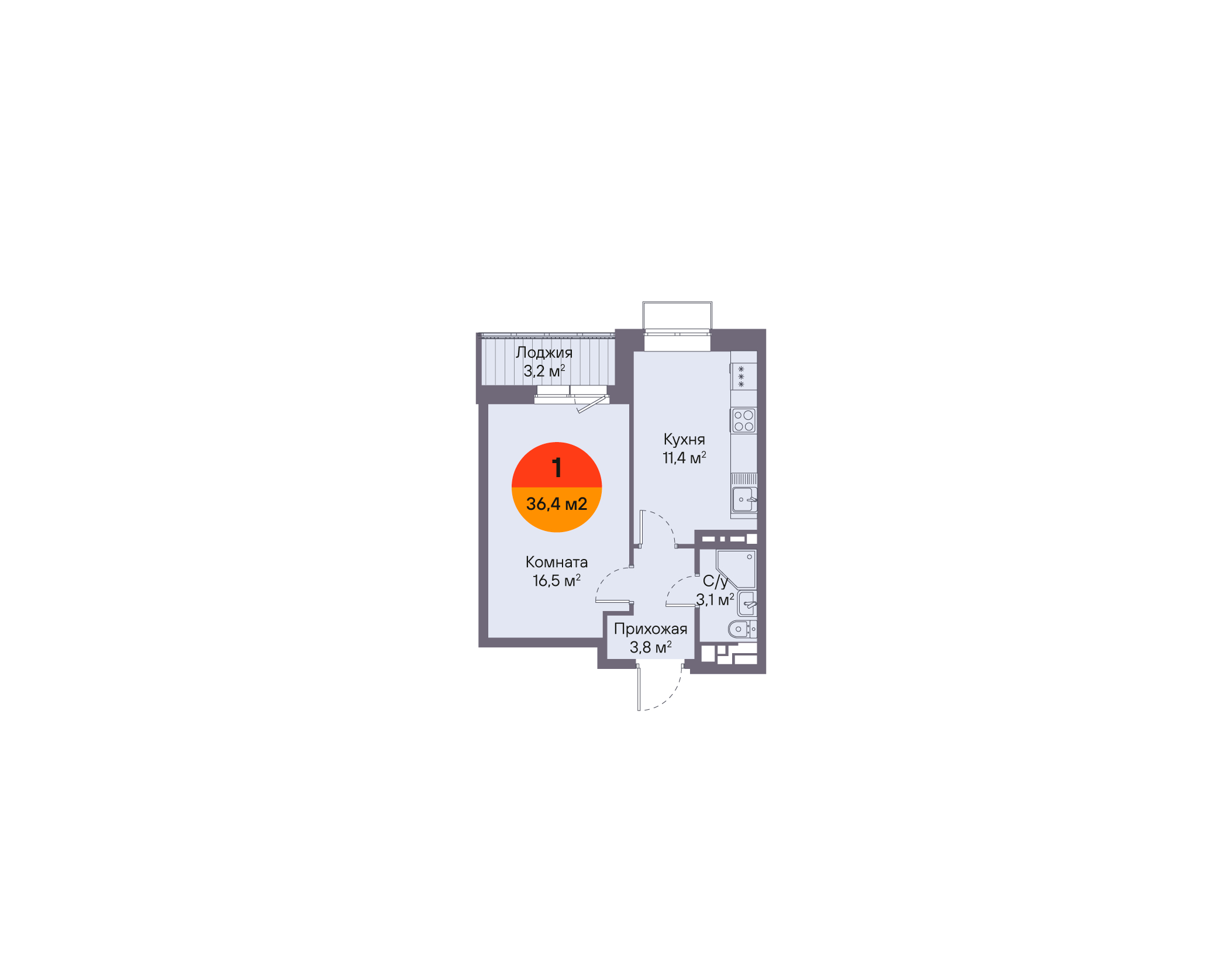 Планировка: 1-комнатная 36.4 м² в ЖК Восход, Матмасы