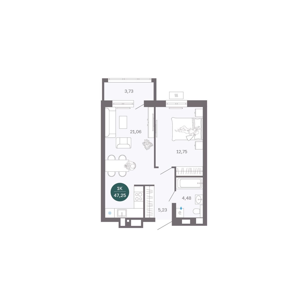 Планировка: Евродвушка 47.2 м² в ЖК Румянский, Центр: Студгородок