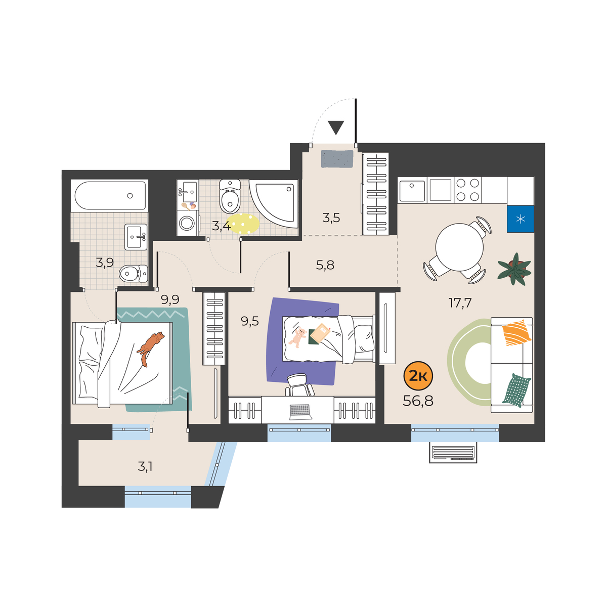 Планировка: Евротрешка 54.6 м² в ЖК Корней, Южный