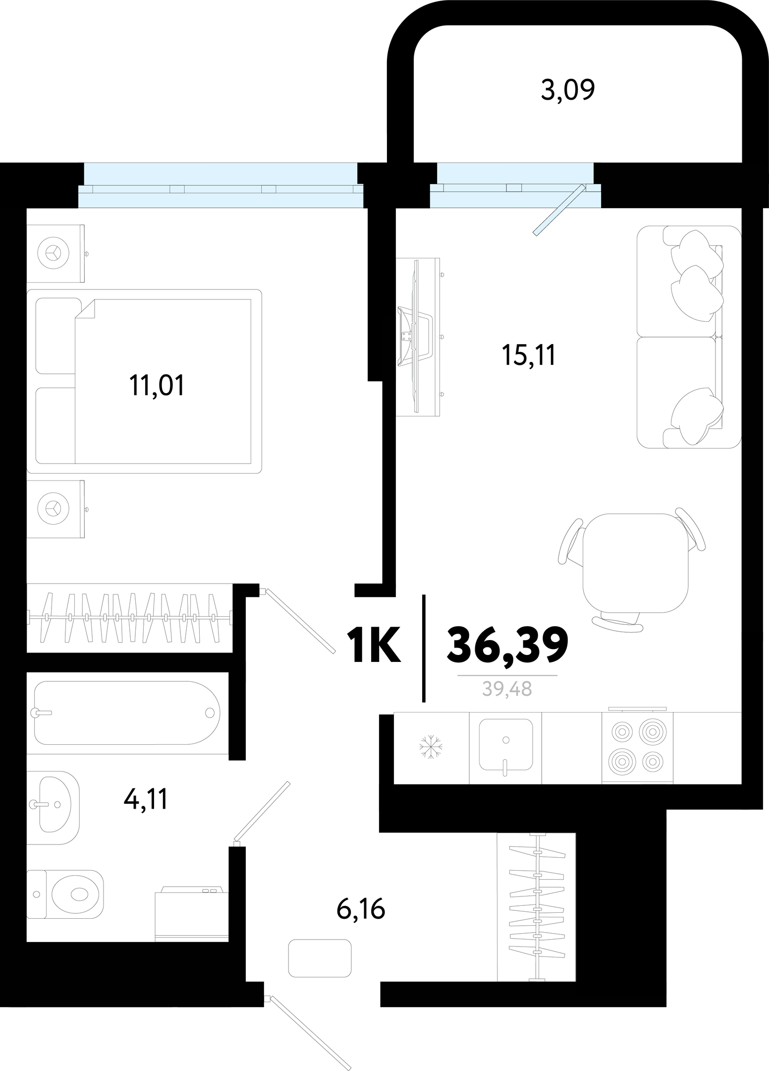 Планировка: Евродвушка 36.4 м² в ЖК Символ, Комарово Парк