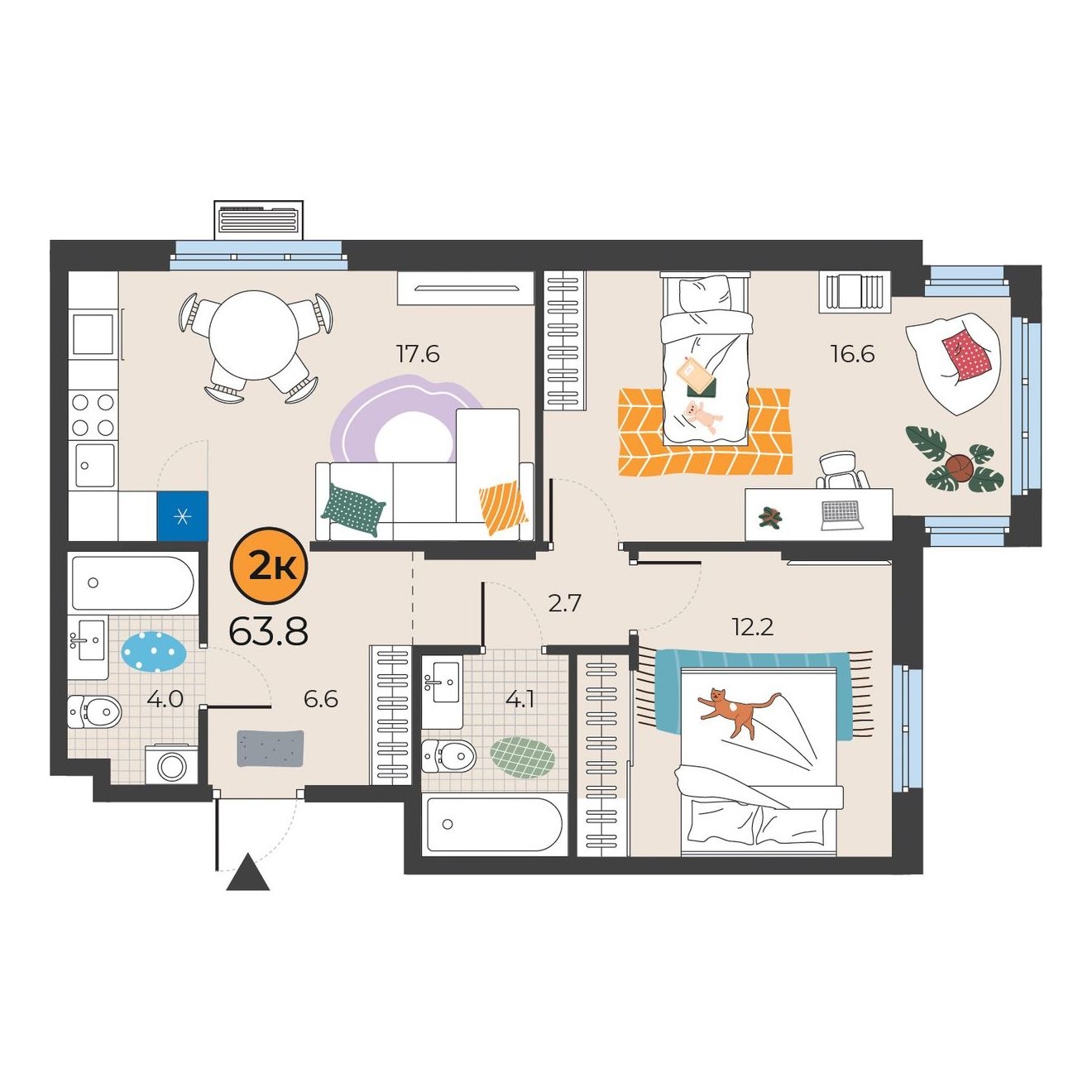 Планировка: Евротрешка 63.8 м² в ЖК Корней, Южный