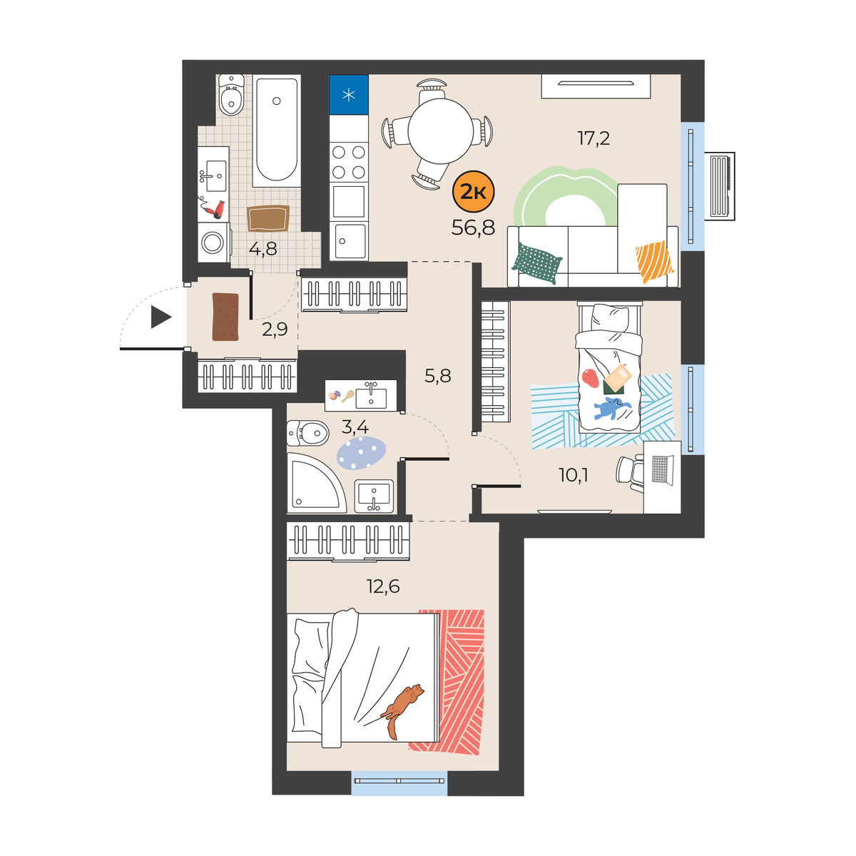 Планировка: Евротрешка 56.8 м² в ЖК Корней, Южный