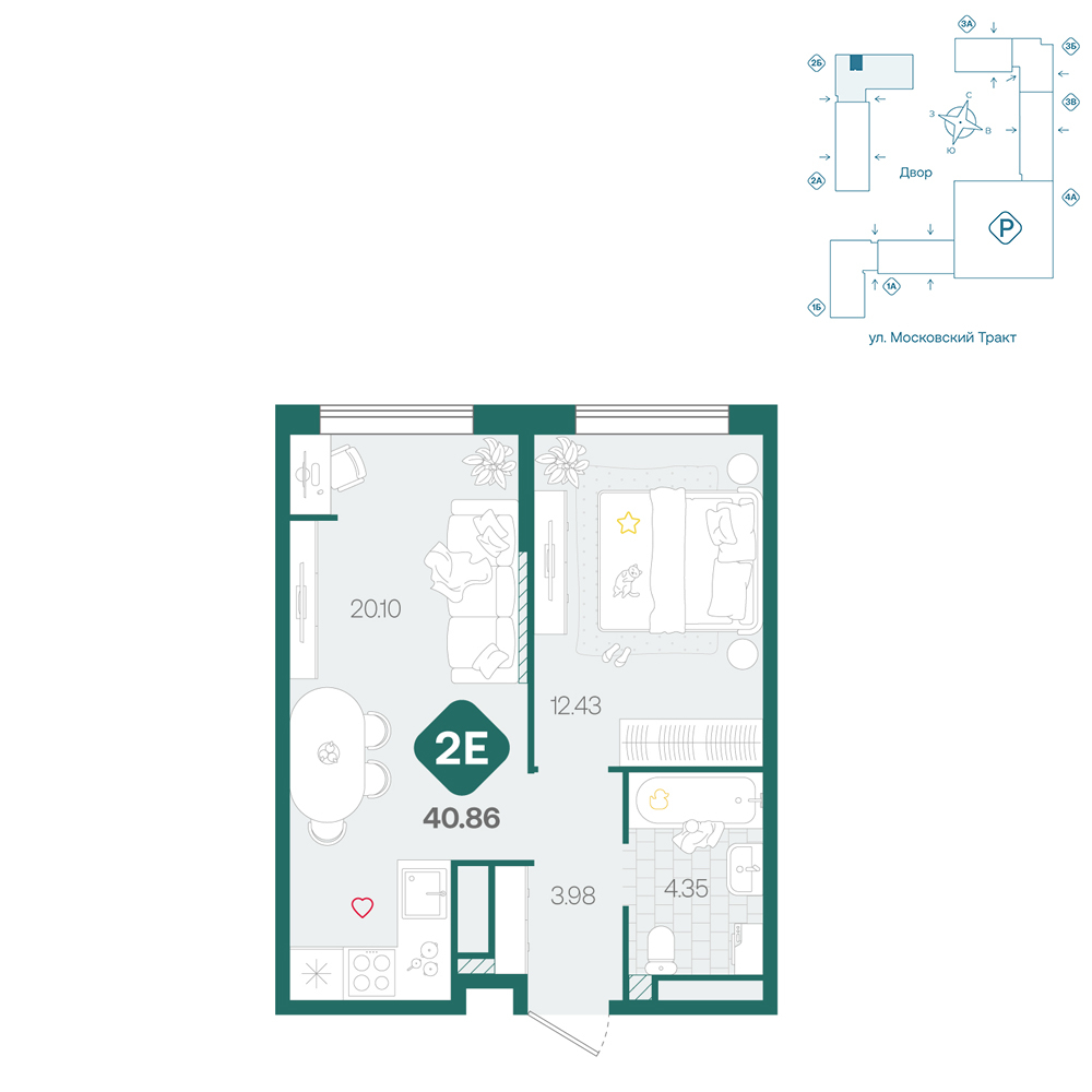 Планировка: Евродвушка 40.9 м² в ЖК Сибирский, Московский тракт