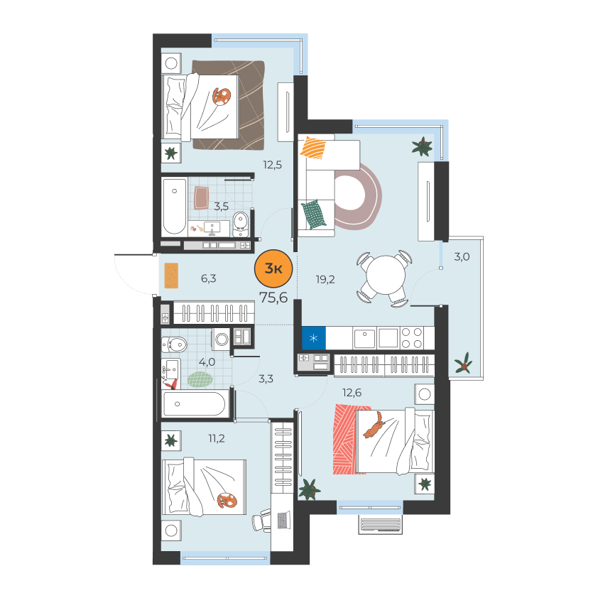 Планировка: 4-комнатная евро 72.6 м² в ЖК Корней, Южный