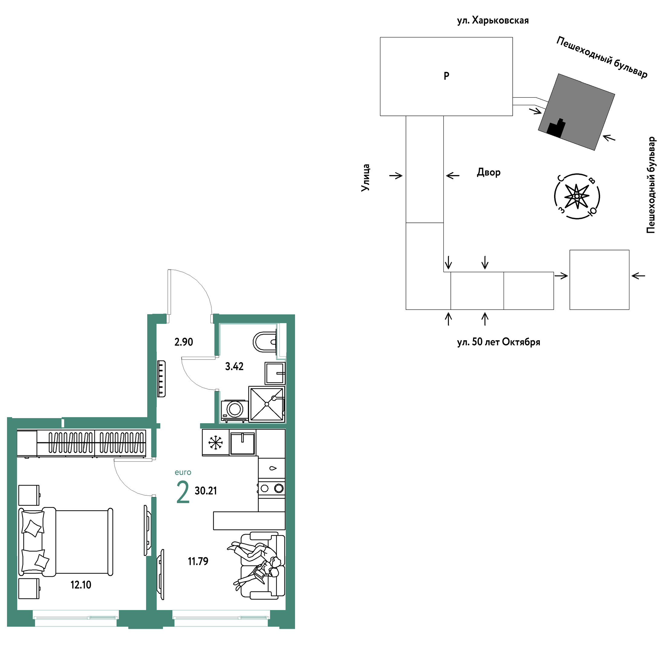 Планировка: 1-комнатная 30.2 м² в ЖК Сердце Сибири, Центр: КПД