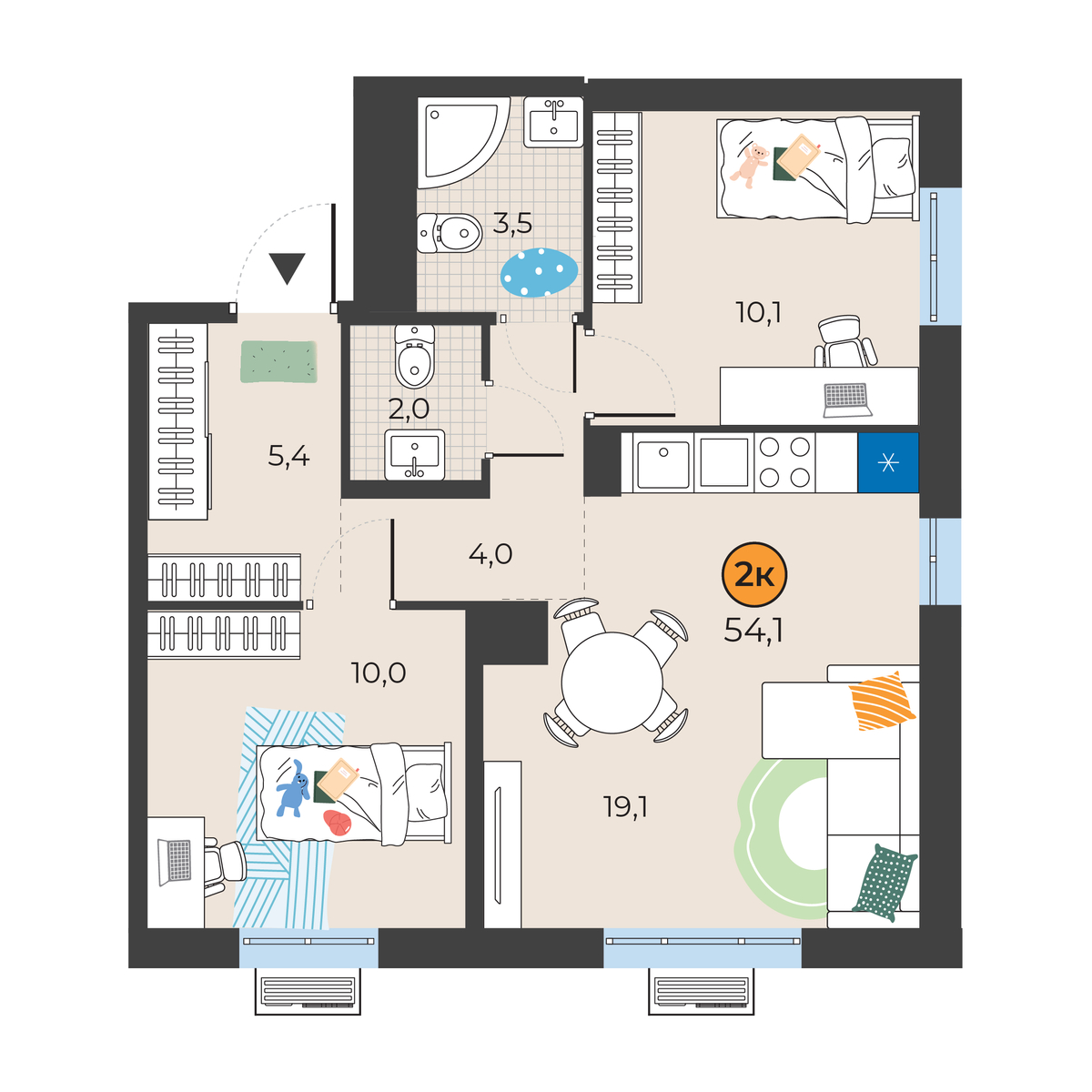 Планировка: Евротрешка 54.1 м² в ЖК Корней, Южный