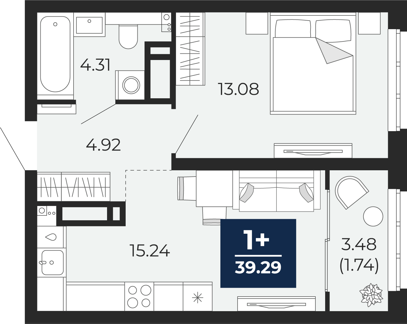 Планировка: Евродвушка 37.5 м² в ЖК Беринг, Лесобаза