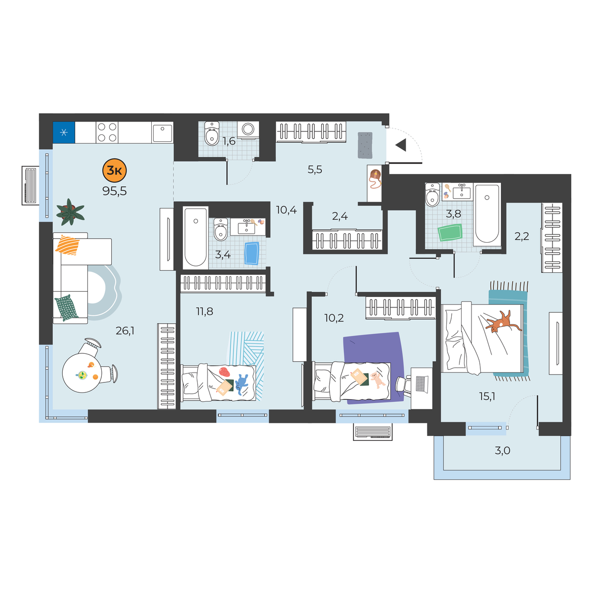 Планировка: 4-комнатная евро 93.4 м² в ЖК Корней, Южный