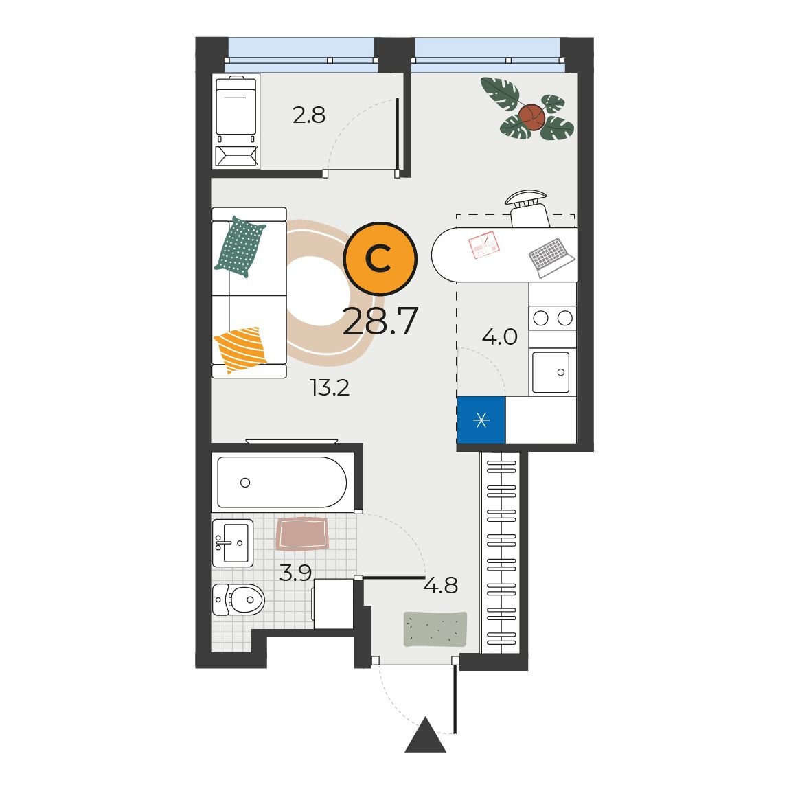 Планировка: Студия 28.7 м² в ЖК Корней, Южный