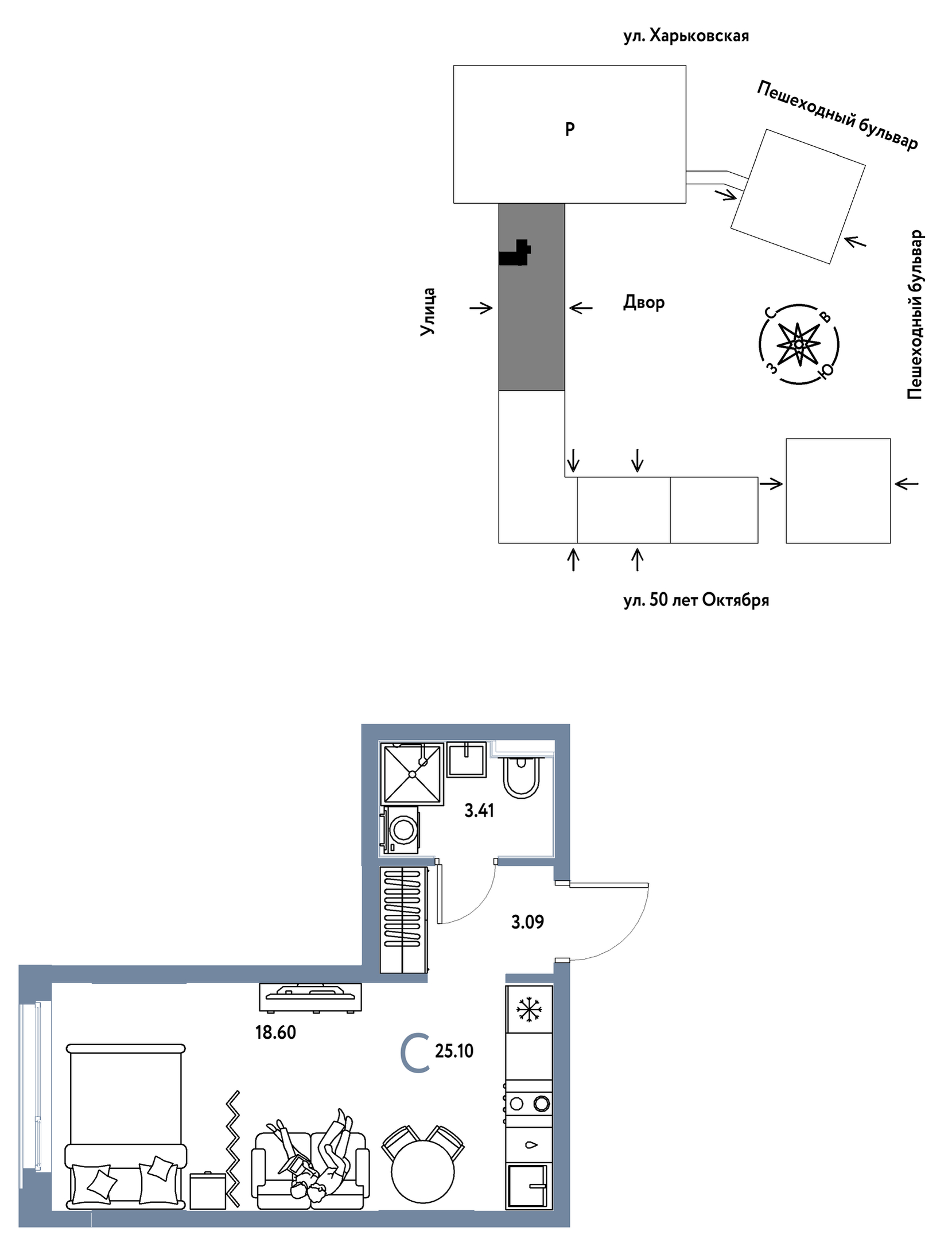 Планировка: Студия 25.1 м² в ЖК Сердце Сибири, Центр: КПД