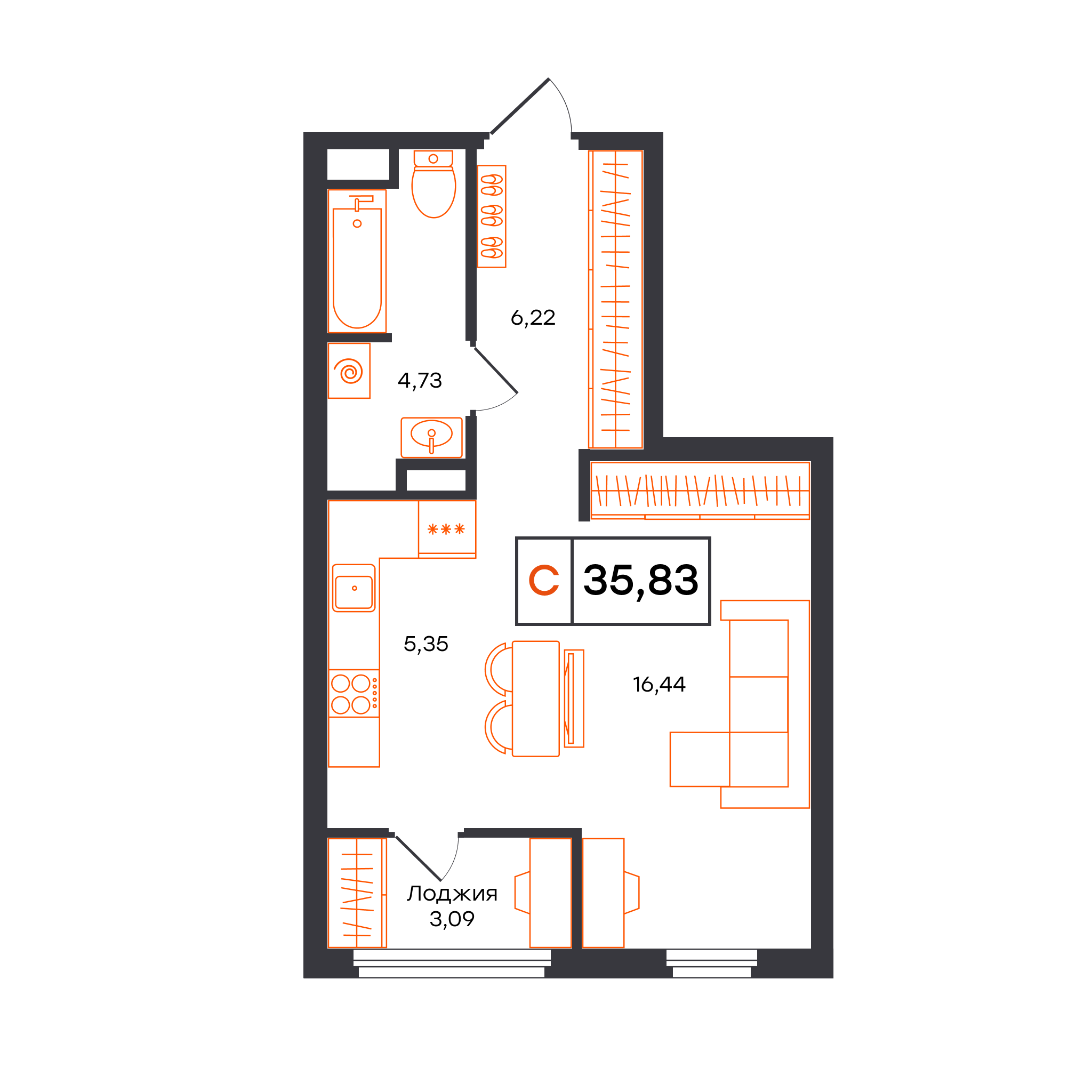 Планировка: Студия 35.8 м² в ЖК Отличие, Комарово Парк
