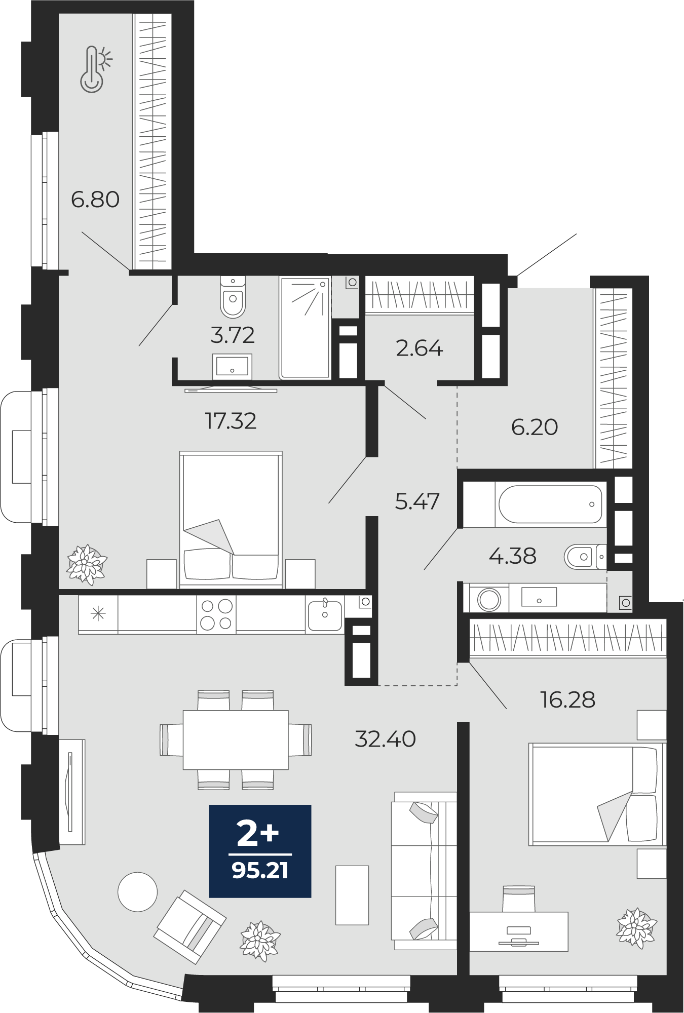 Планировка: Евротрешка 95.2 м² в ЖК Айвазовский, 5-й Заречный