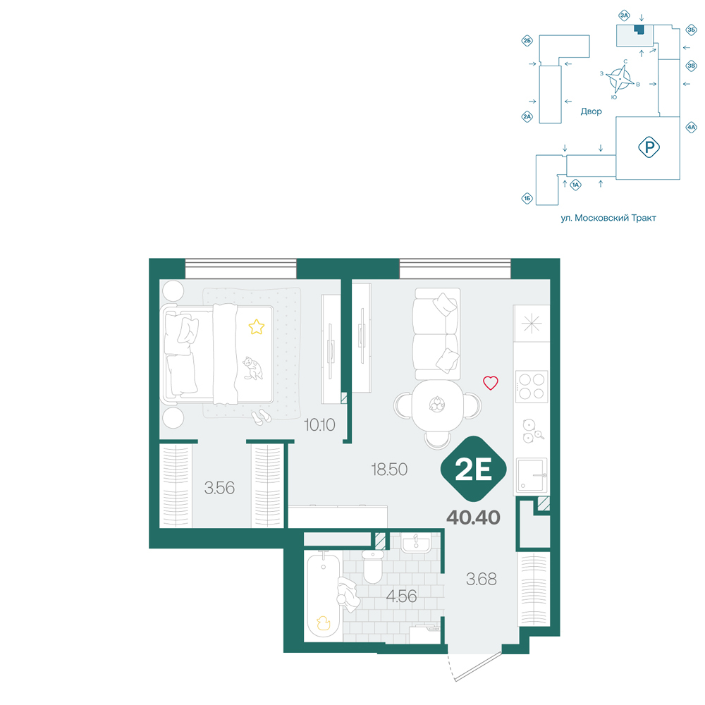 Планировка: Евродвушка 40.4 м² в ЖК Сибирский, Московский тракт