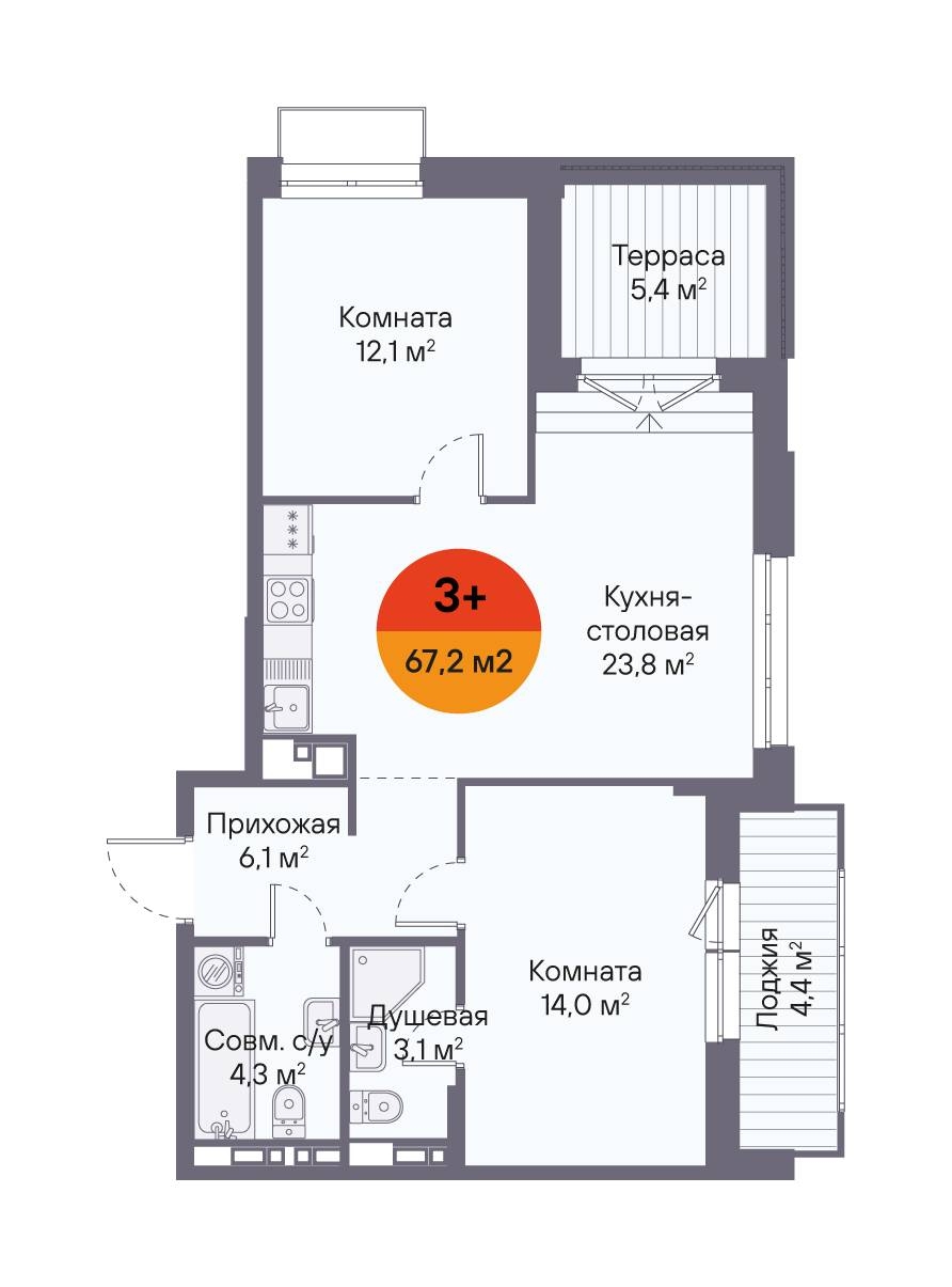 Планировка: Евротрешка 67.2 м² в ЖК Восход, Матмасы