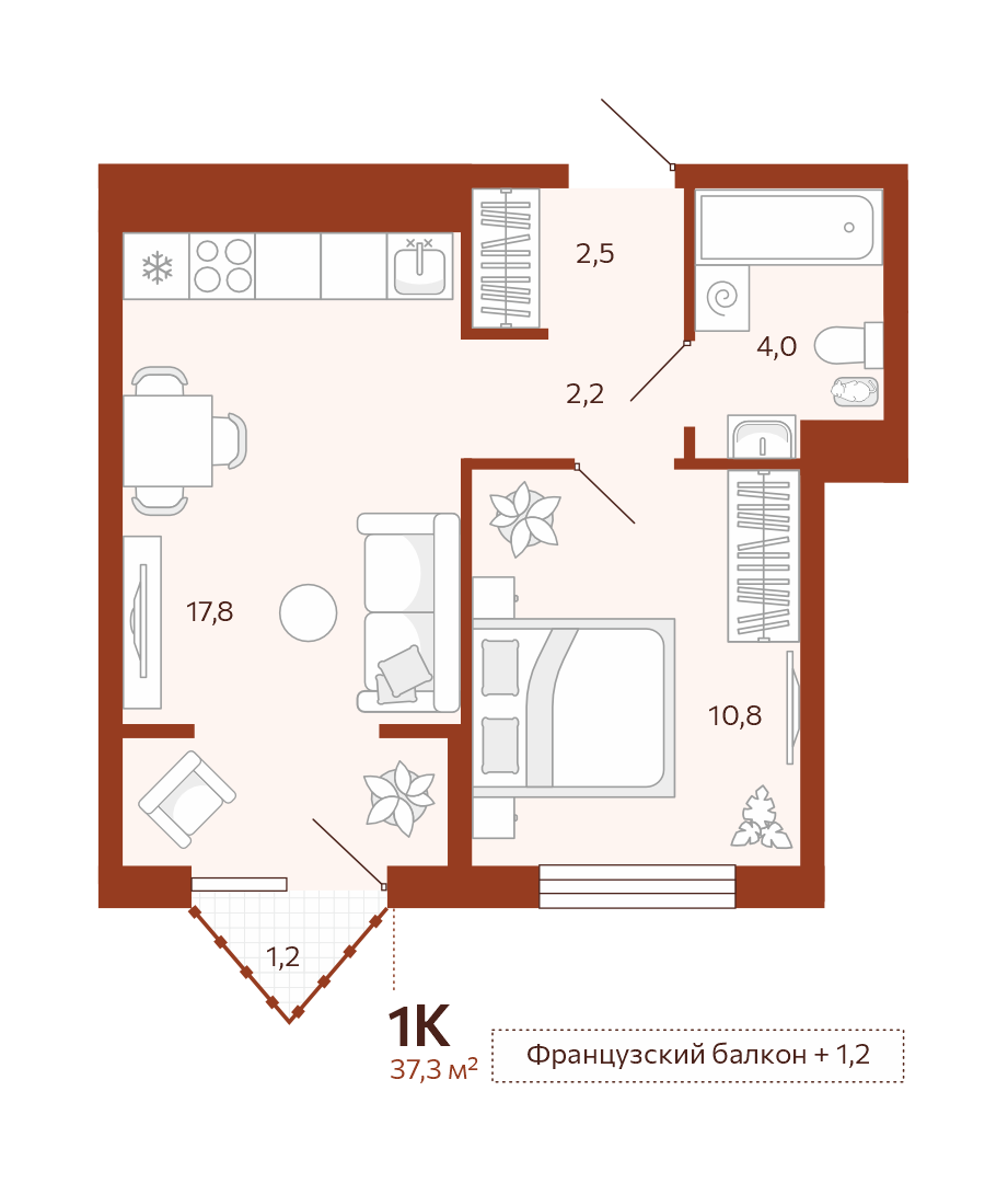 Планировка: Евродвушка 38.5 м² в ЖК Новатор, Центр: КПД