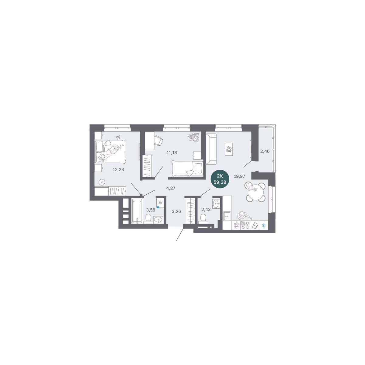 Планировка: Евротрешка 59.4 м² в ЖК Румянский, Центр: Студгородок