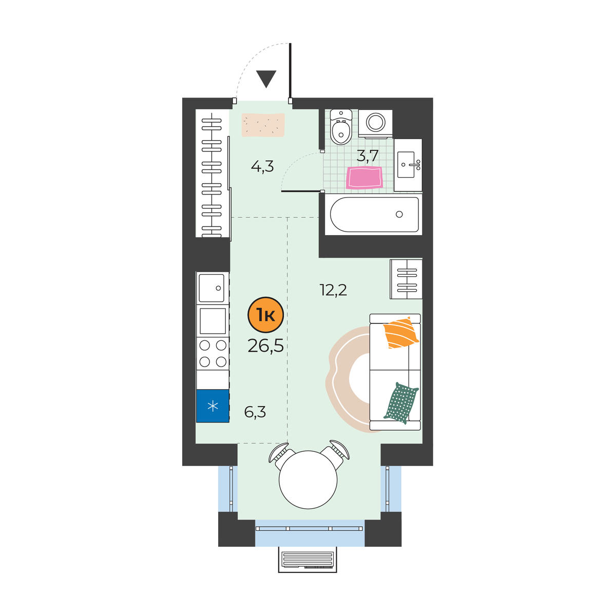Планировка: Студия 26.5 м² в ЖК Корней, Южный