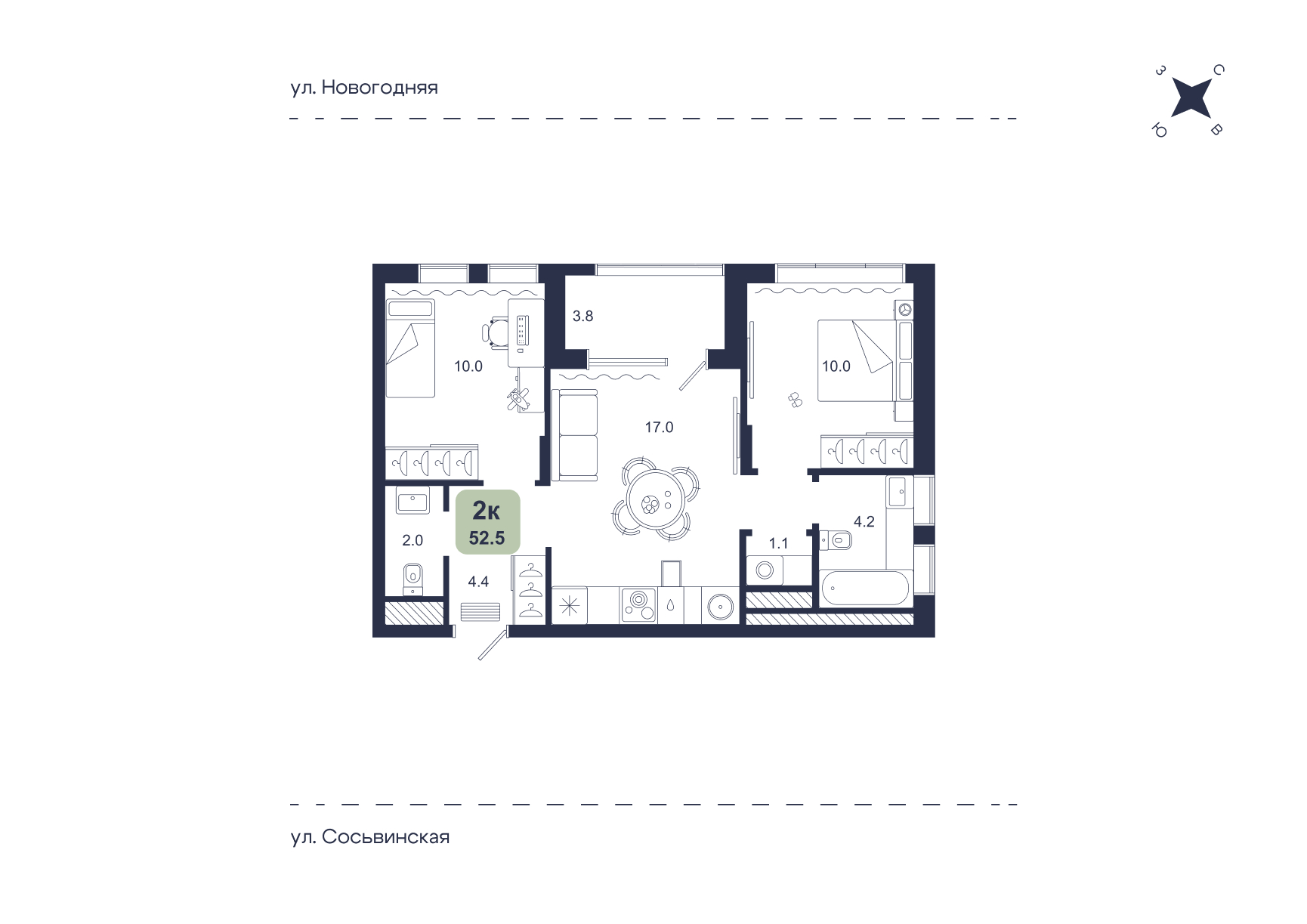 Планировка: Евротрешка 52.5 м² в ЖК Свой, Югра
