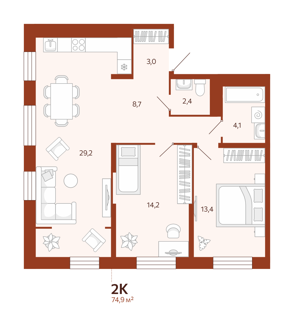 Планировка: Евротрешка 74.9 м² в ЖК Новатор, Центр: КПД