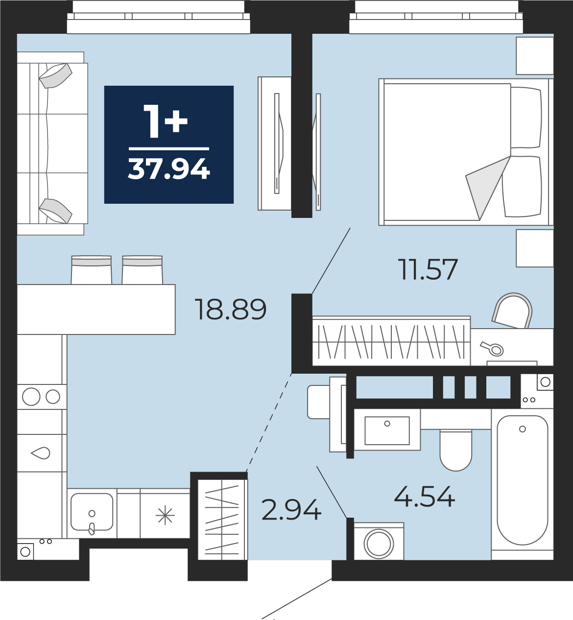 Планировка: Евродвушка 37.9 м² в ЖК Прео, Тюменская слобода
