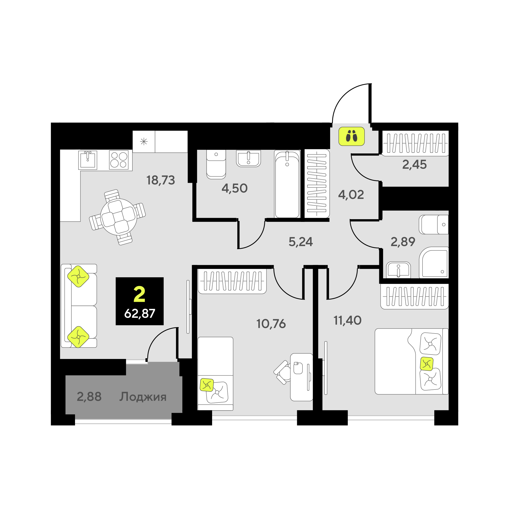Планировка: Евротрешка 62.9 м² в ЖК Мотивы, От Плеханова до Южного
