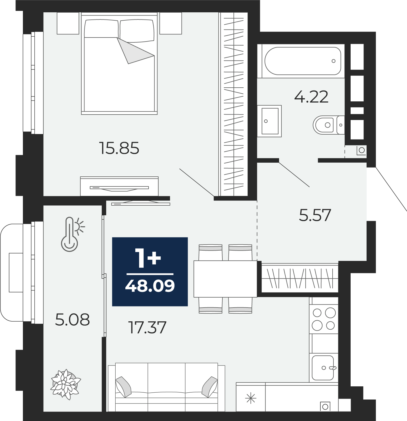 Планировка: Евродвушка 48.1 м² в ЖК Айвазовский, 5-й Заречный