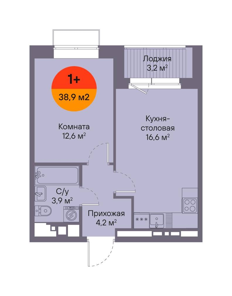 Планировка: Евродвушка 38.9 м² в ЖК Восход, Матмасы