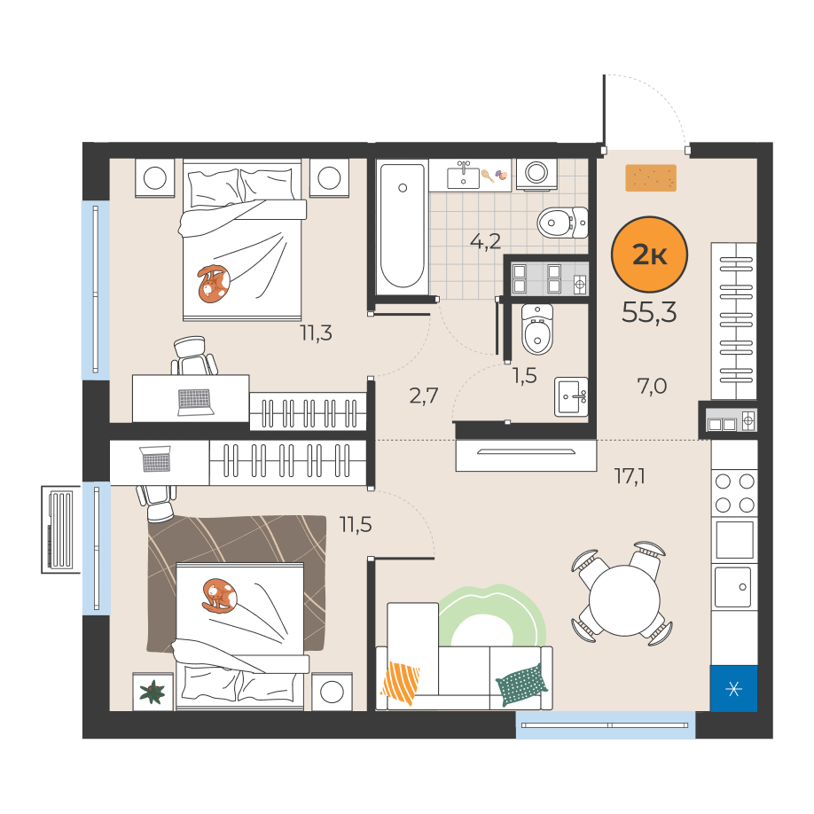 Планировка: Евротрешка 55.3 м² в ЖК Корней, Южный