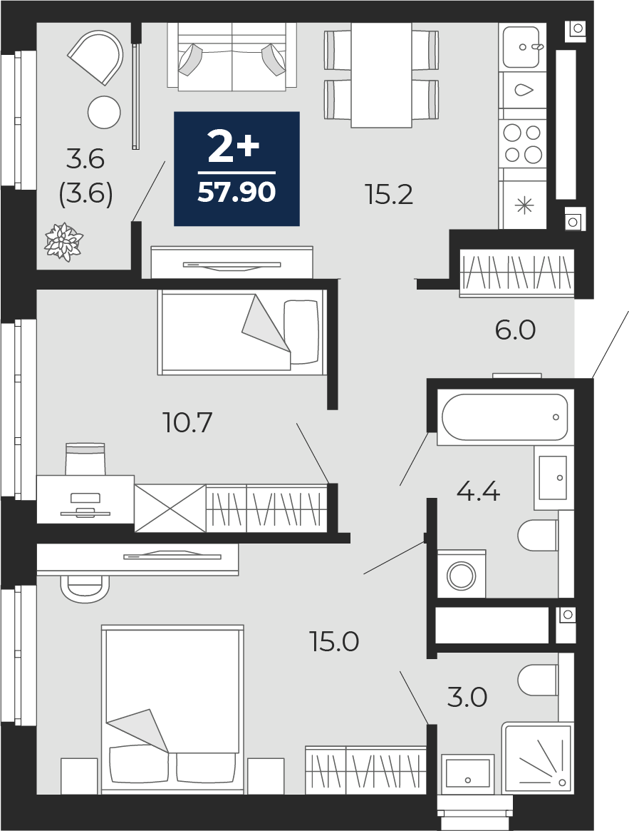 Планировка: Евротрешка 57.9 м² в ЖК Мириады, Мыс