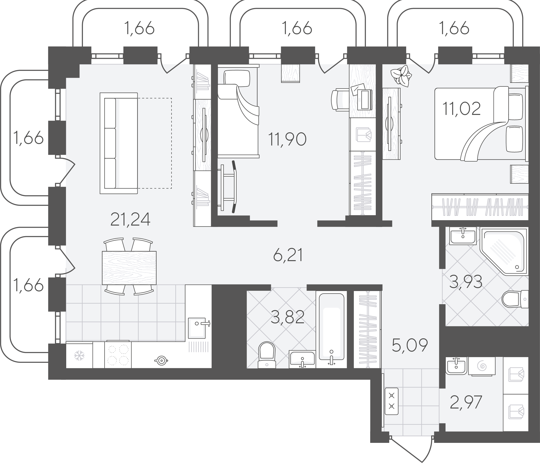 Планировка: Евротрешка 74.5 м² в ЖК Скандиа. Квартал в Слободе, Тюменская слобода