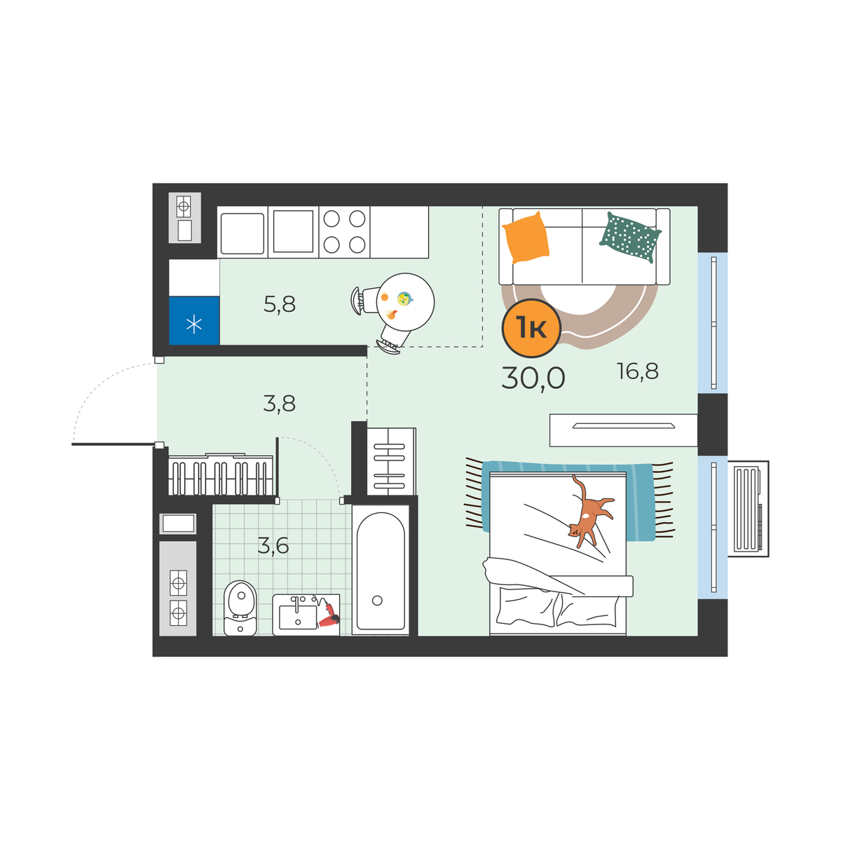 Планировка: Студия 30 м² в ЖК Корней, Южный