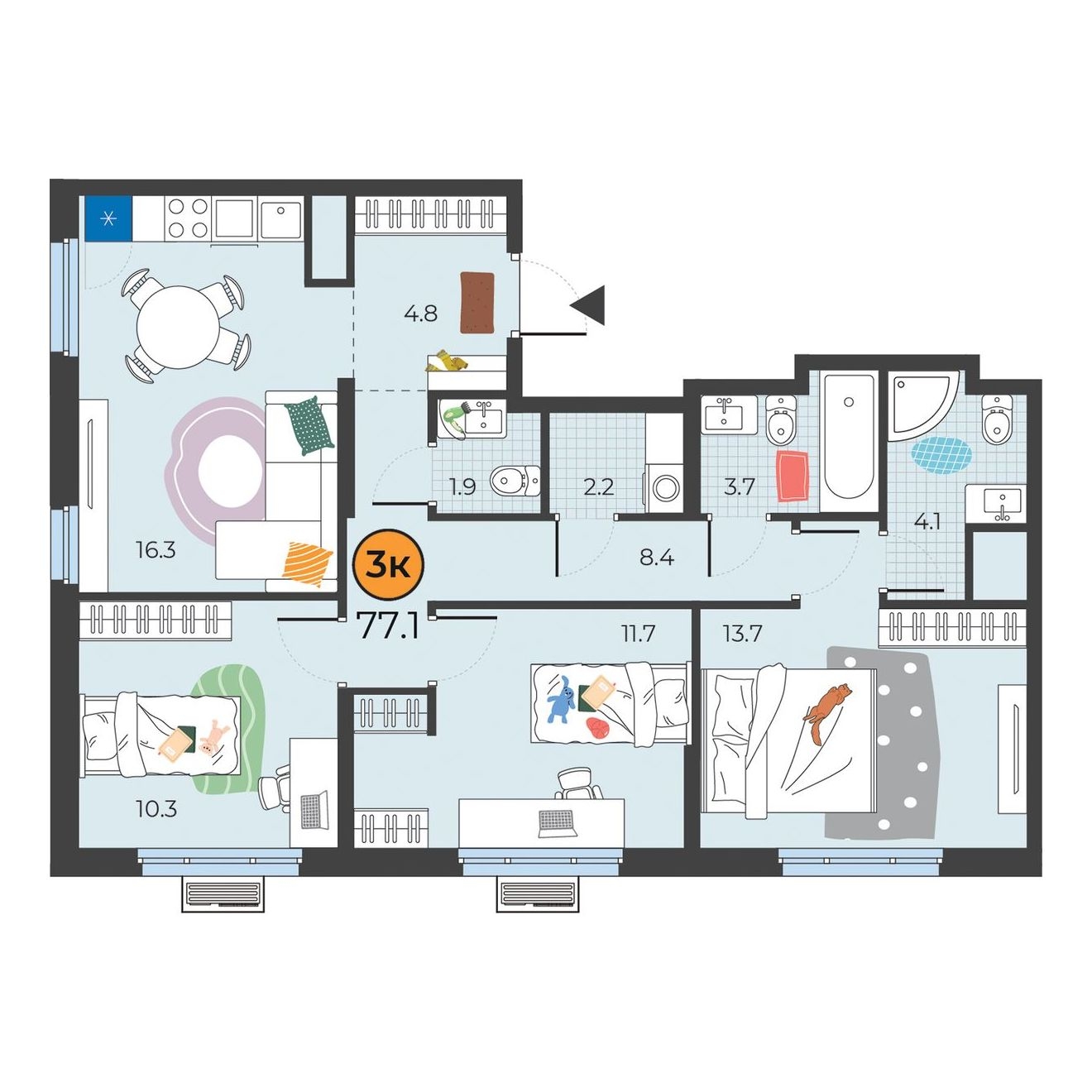 Планировка: 4-комнатная евро 77.1 м² в ЖК Корней, Южный
