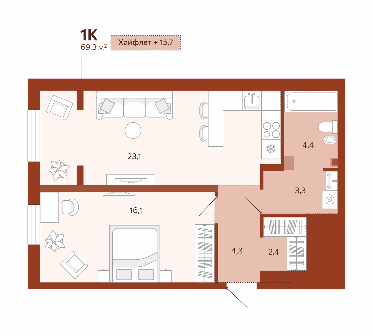 Планировка: Евродвушка 53.6 м² в ЖК Новатор, Центр: КПД
