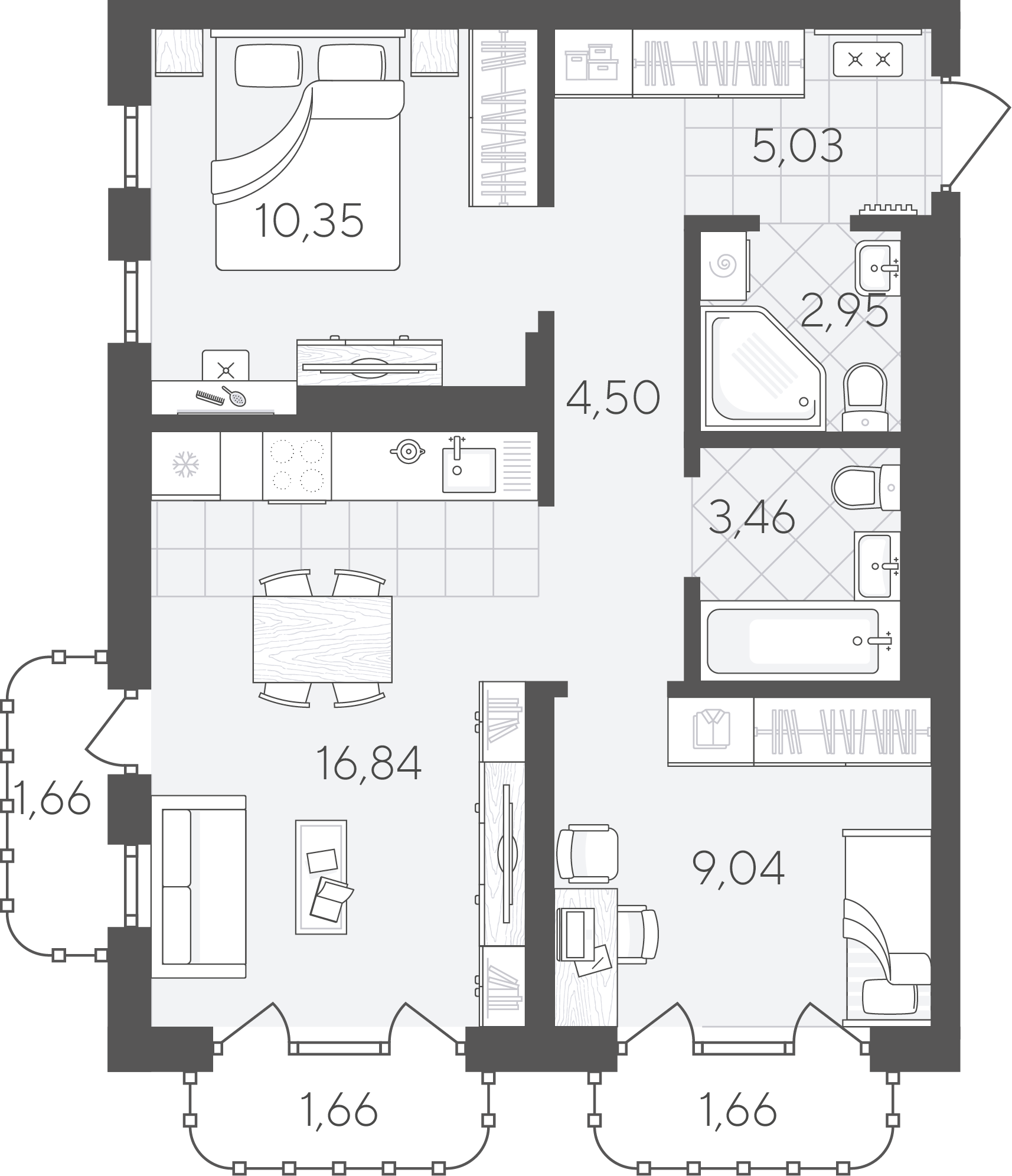 Планировка: Евротрешка 57.1 м² в ЖК Скандиа. Квартал в Слободе, Тюменская слобода