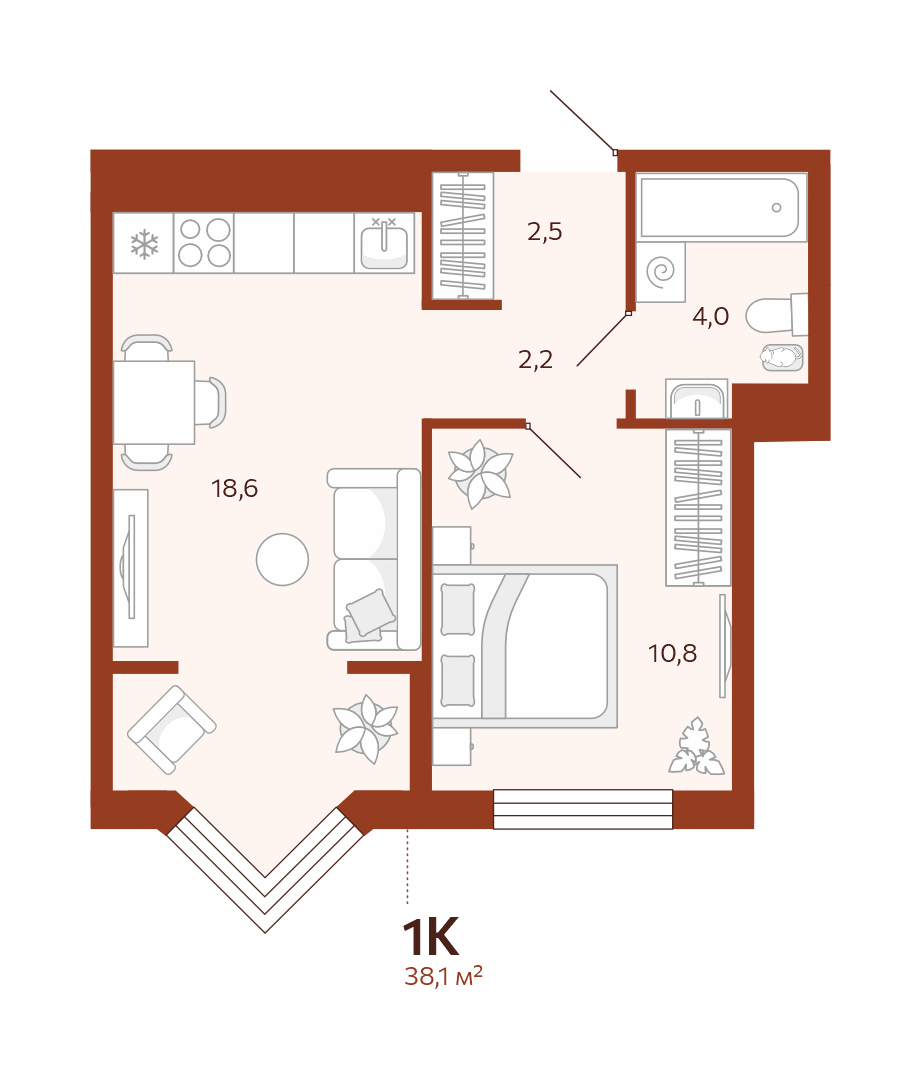 Планировка: Евродвушка 38.1 м² в ЖК Новатор, Центр: КПД