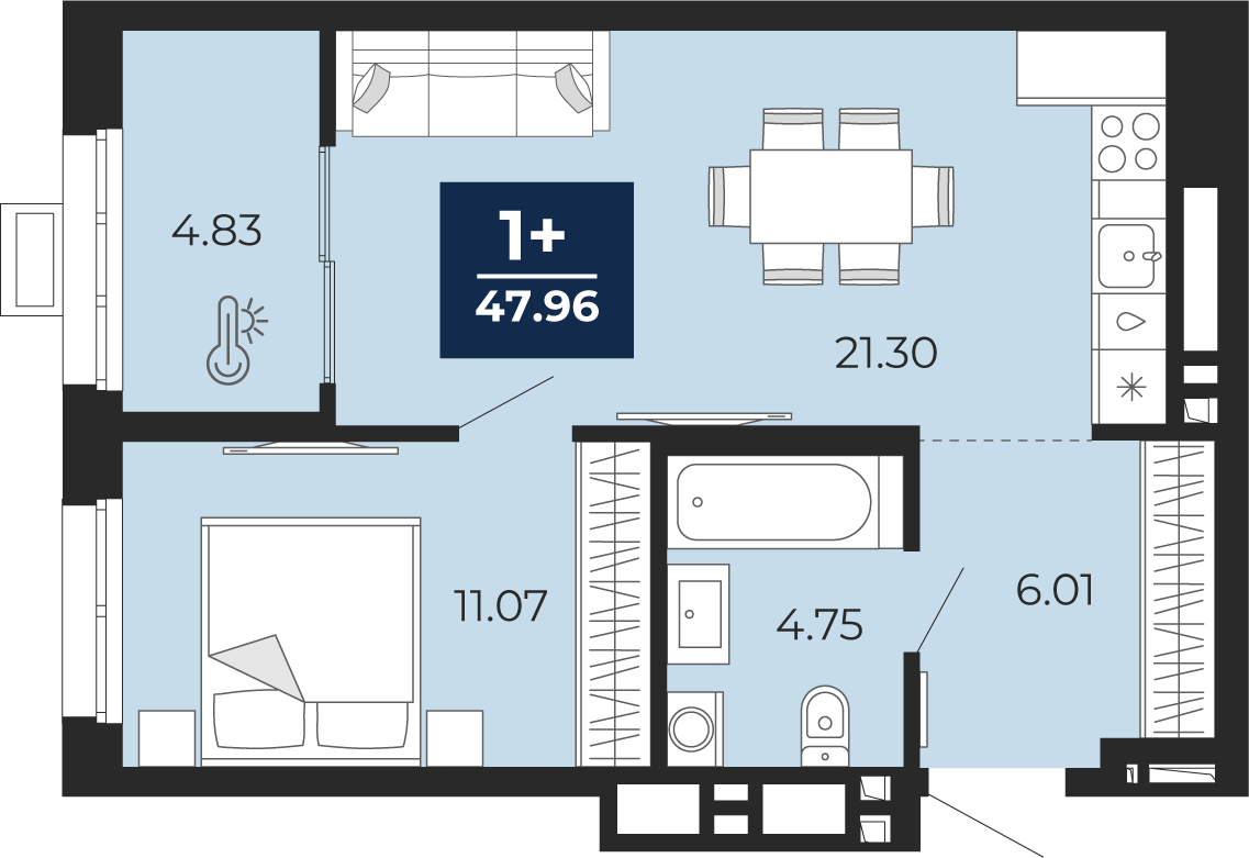 Планировка: Евродвушка 48 м² в ЖК Беринг, Лесобаза