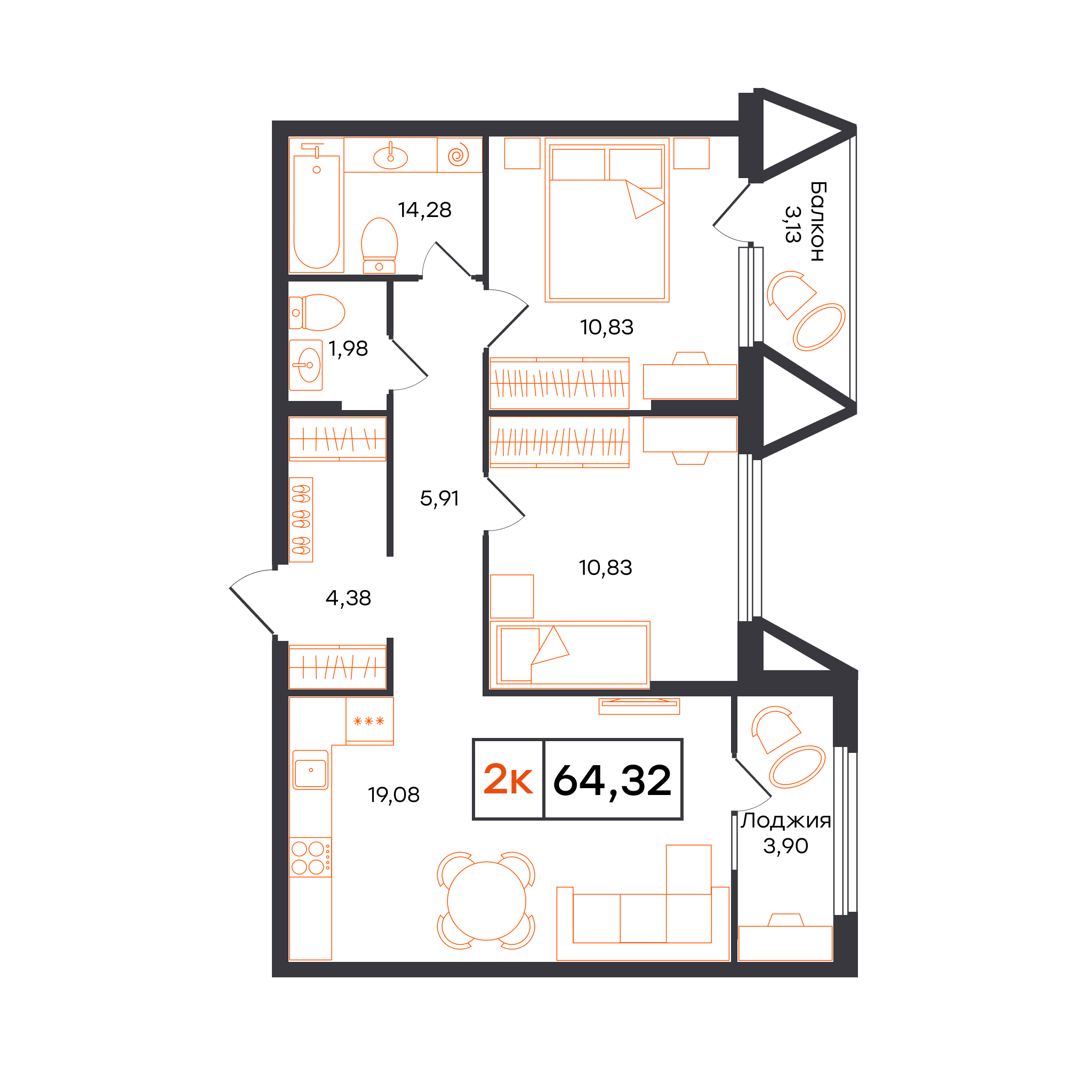 Планировка: Евротрешка 64.3 м² в ЖК Отличие, Комарово Парк