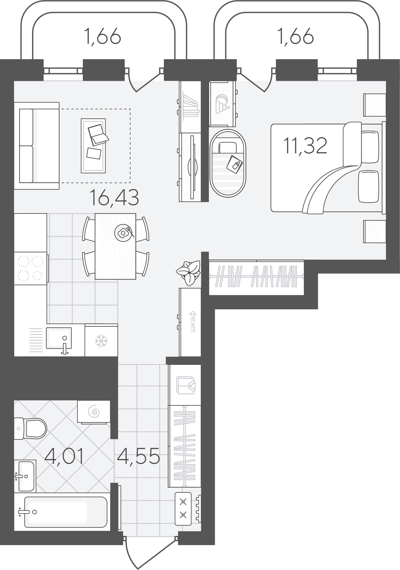 Планировка: Евродвушка 39.6 м² в ЖК Скандиа. Квартал в Слободе, Тюменская слобода