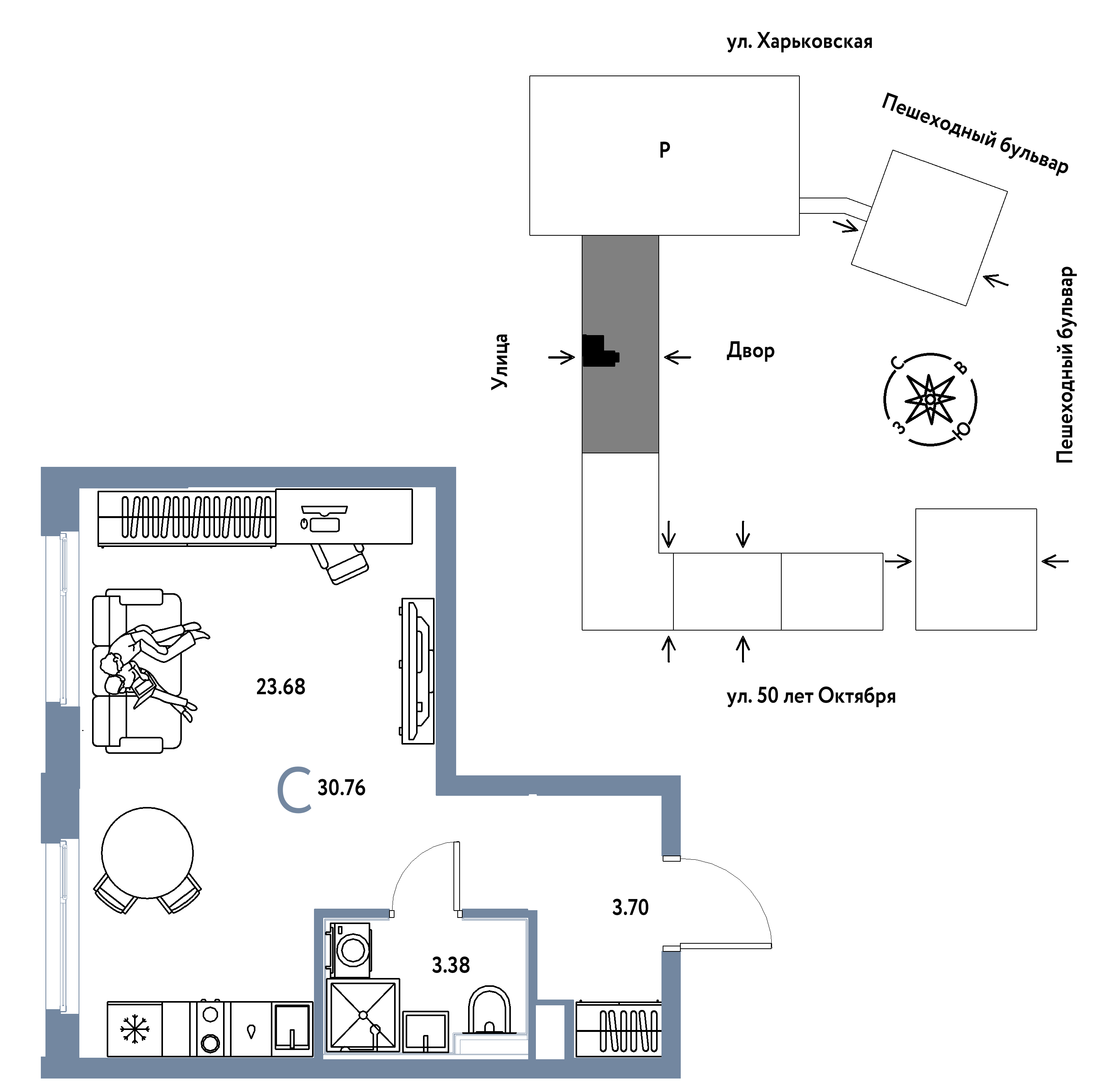Планировка: Студия 30.8 м² в ЖК Сердце Сибири, Центр: КПД