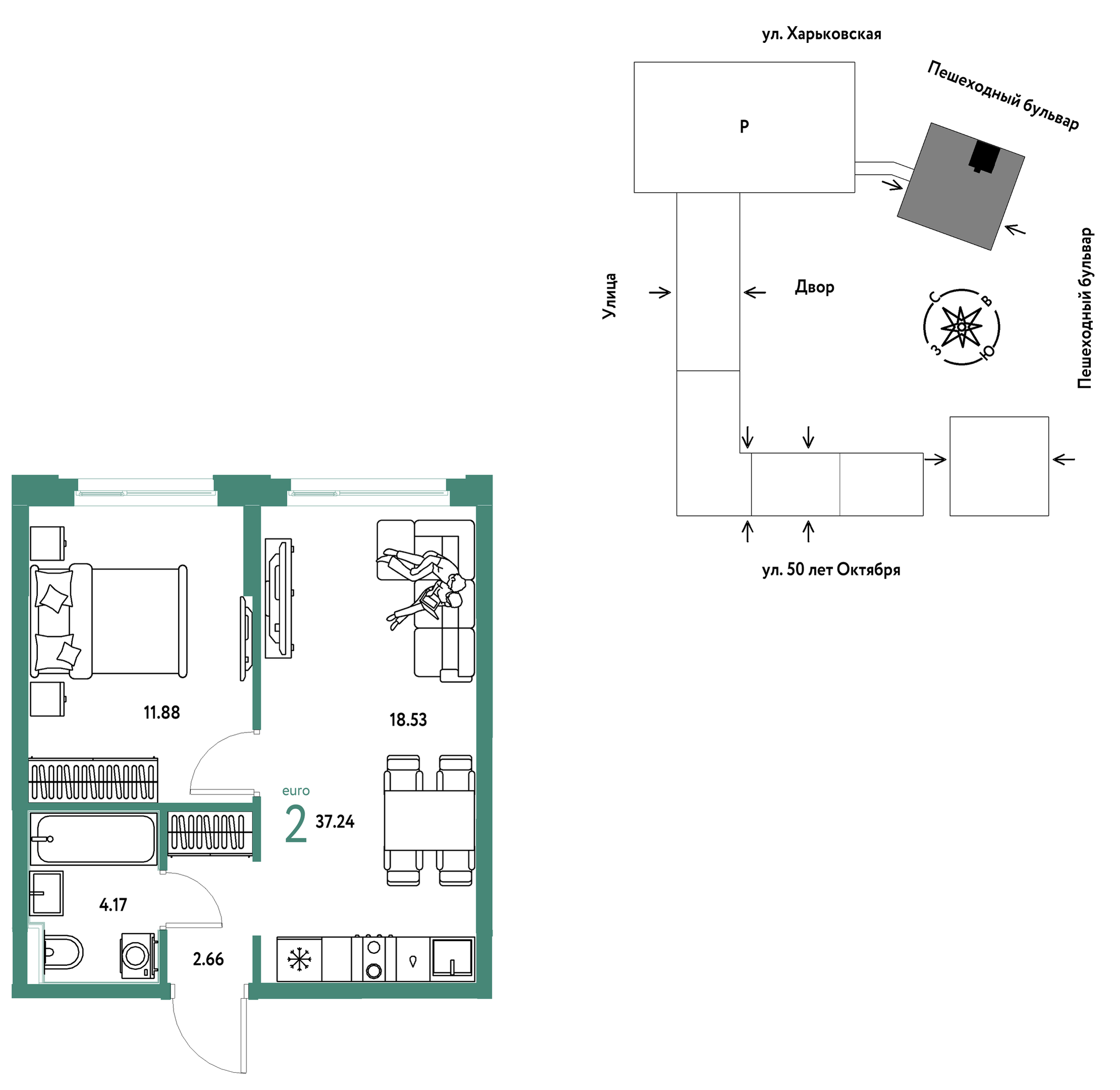 Планировка: Евродвушка 37.2 м² в ЖК Сердце Сибири, Центр: КПД