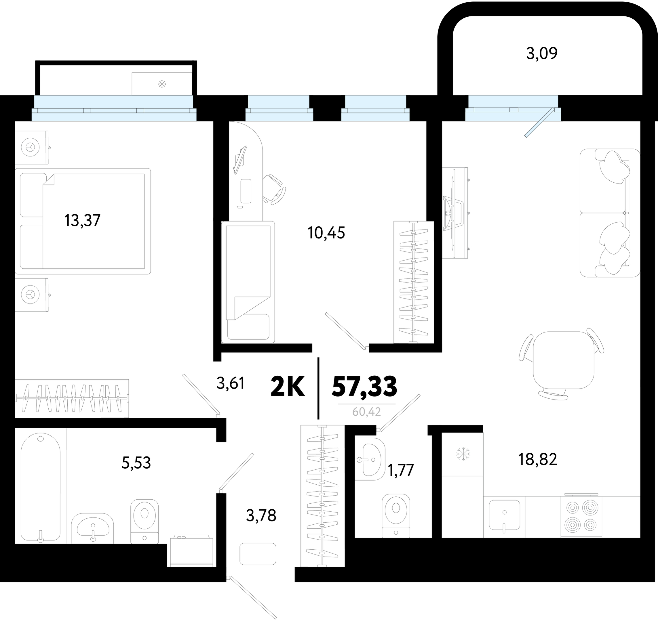 Планировка: Евротрешка 57.3 м² в ЖК Символ, Комарово Парк